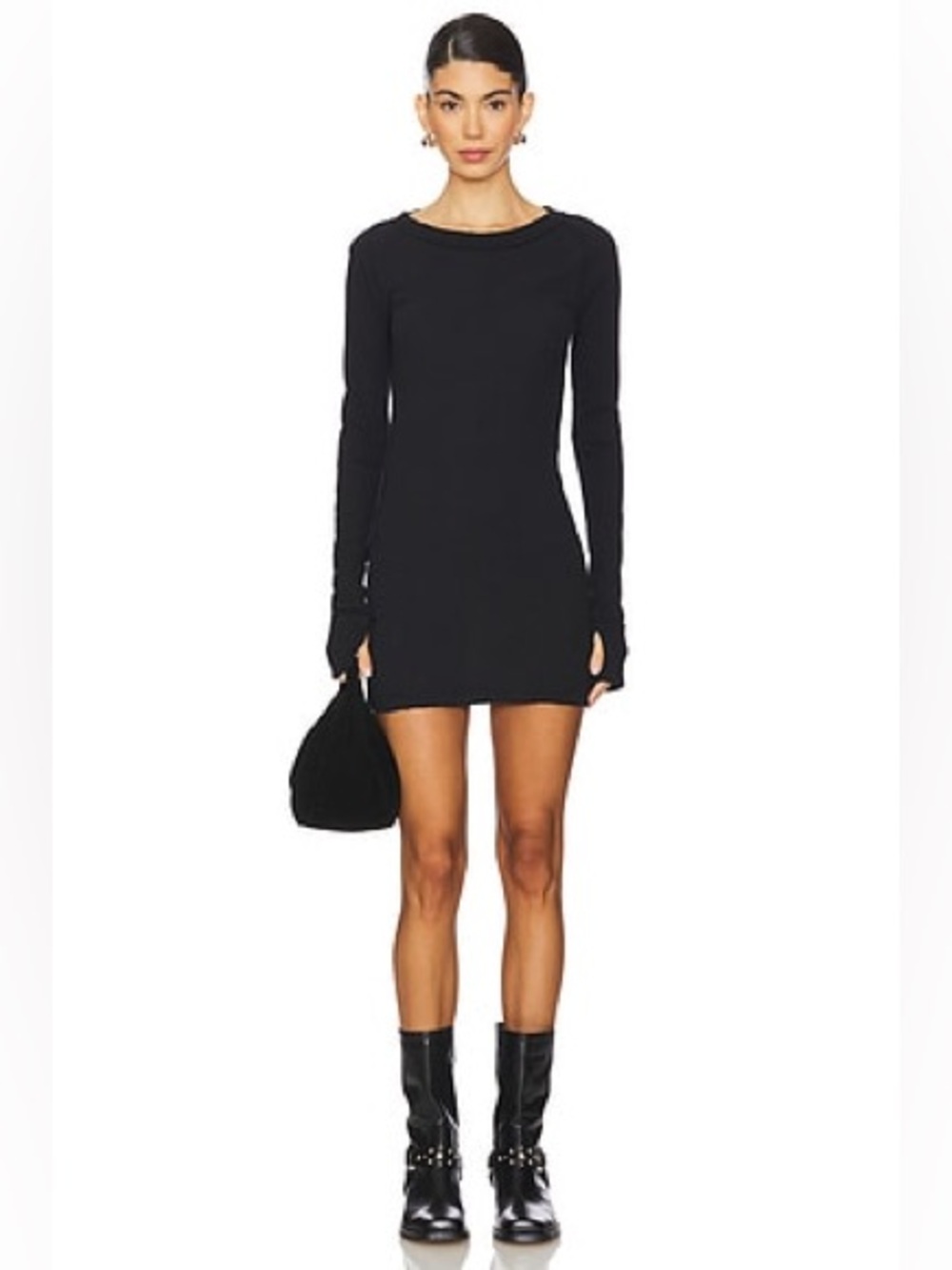 Free People We The Free Honey B Crew Neck Mini Dress Black Ribbed Long Sleeve M